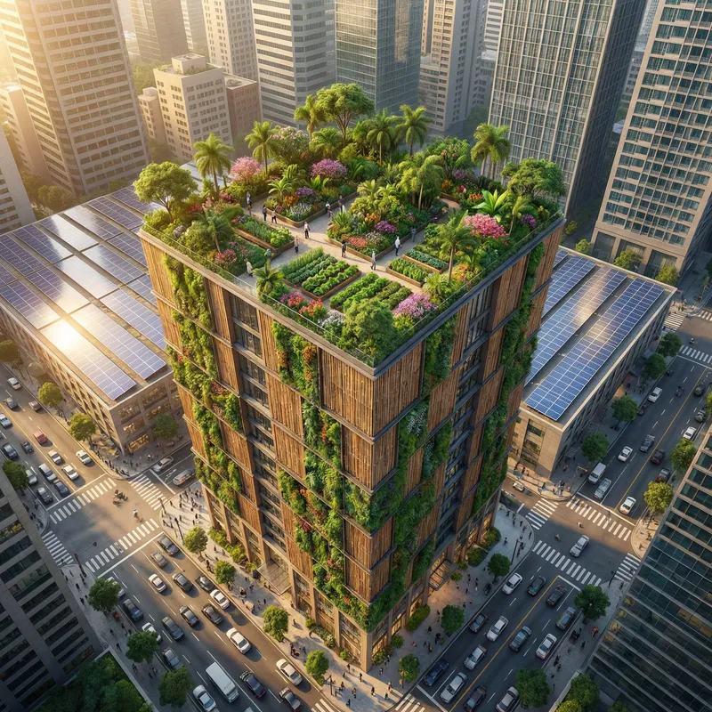 Cozy High-Rise Building with Green Oasis and Solar Panels in Urban Setting