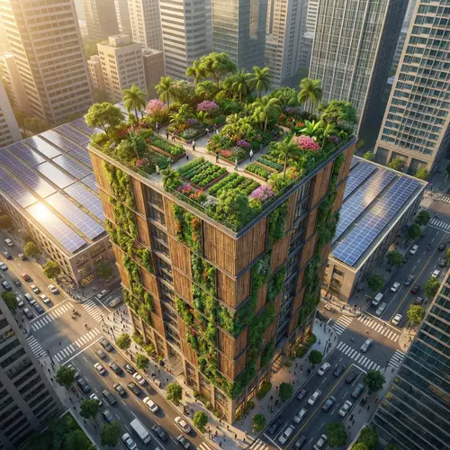 Cozy High-Rise Building with Vegetation and Solar Panels in the City