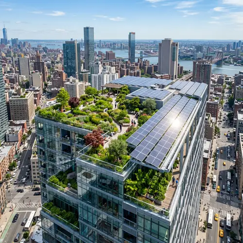 Urban High-Rise Building with Rooftop Garden & Solar Panels