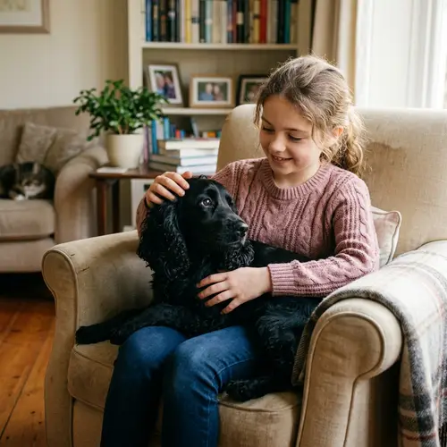 Black Spaniel Dog and Girl - Loving Bond in Peaceful Home