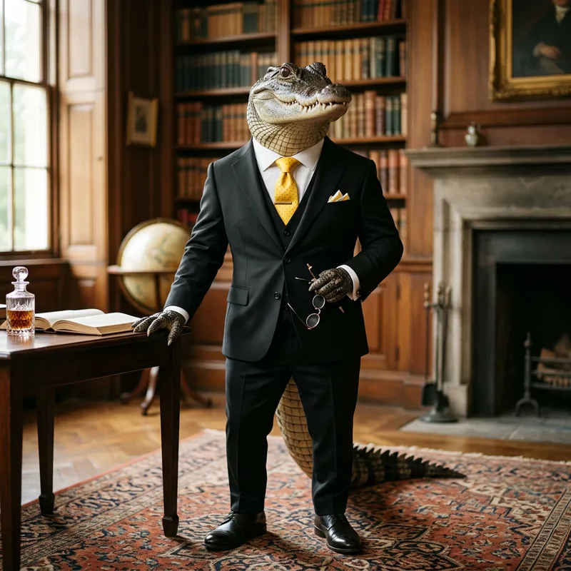 Elegant Crocodile in a Stylish Black Suit