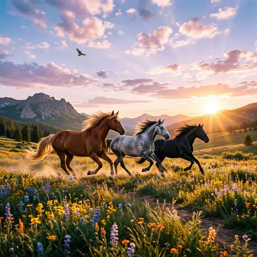 Wild Horses Galloping in a Sun-Drenched Meadow