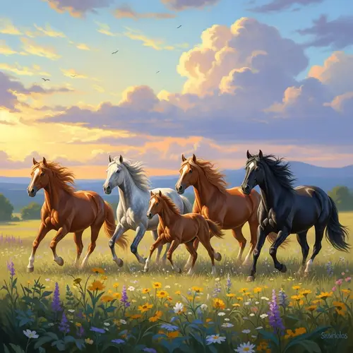 Wild Horses Galloping in a Sun-Drenched Meadow
