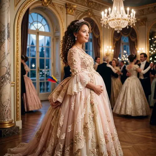 Pregnant Princess in Opulent Ballroom - Graceful & Whimsical Imagery
