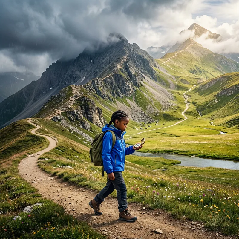 Resilient Journey: Black Girl's Path Through Mountainous Landscapes