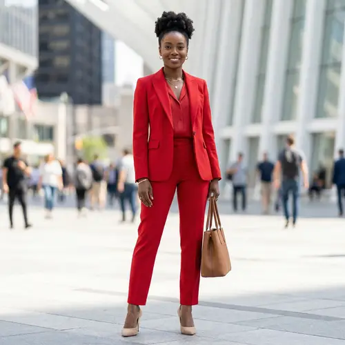 Elegant Black Woman in Vibrant Red Suit and Beige Heels | 4K Photo
