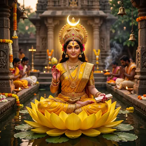 Hindu Goddess Durga on Yellow Lotus - Spiritual Image