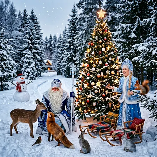 Festive Christmas Tree in Snowy Landscape with Snow Maiden and Father Frost