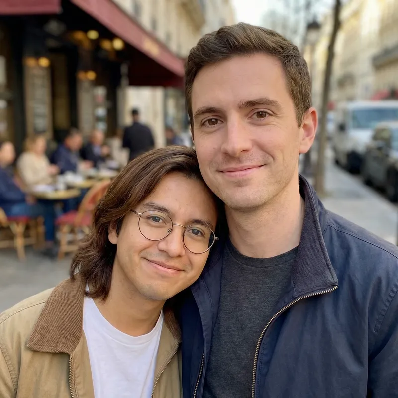 Affectionate Gay Couple: Hispanic Man & Taller Caucasian Partner