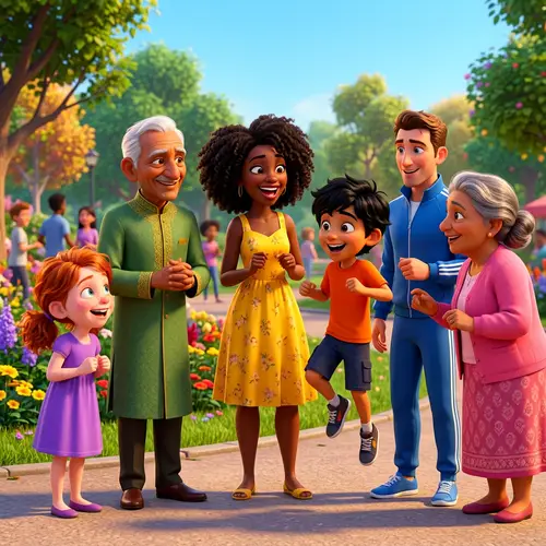 Diverse Cartoon Characters Laughing Together in Vibrant Scene