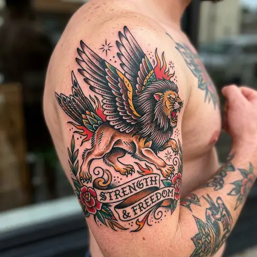 Sparrow Lion Tattoo Design | Unique Old School Style