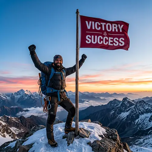 Triumphant Victory: Man Reaches Mountaintop Flag | Sunrise Scene