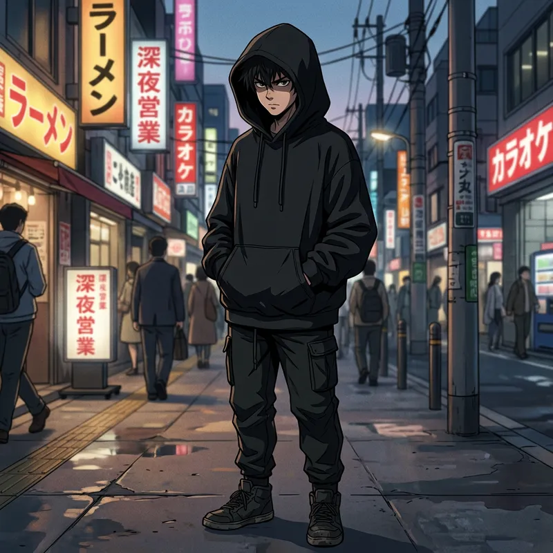 Enigmatic Male Character in Anime-Style Black Hoodie