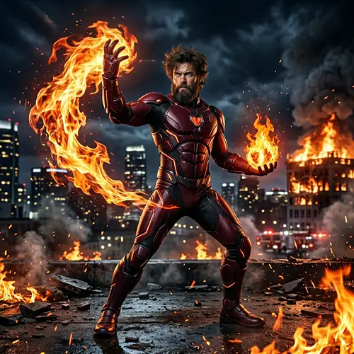 Futuristic Fire Control Superhero in Maroon Suit | Superhero Name