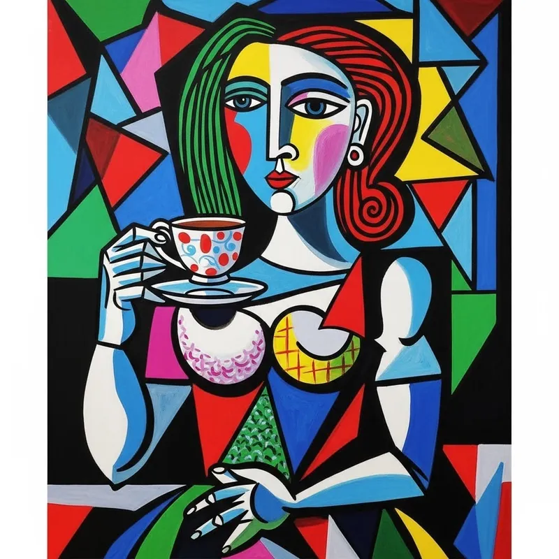 Colorful Cubism: Woman with Teacup by Picasso Colorful Cubism: Woman with Teacup by Picasso