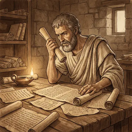 Ancient Greek Philosopher Deep in Research | Rustic Table Scene