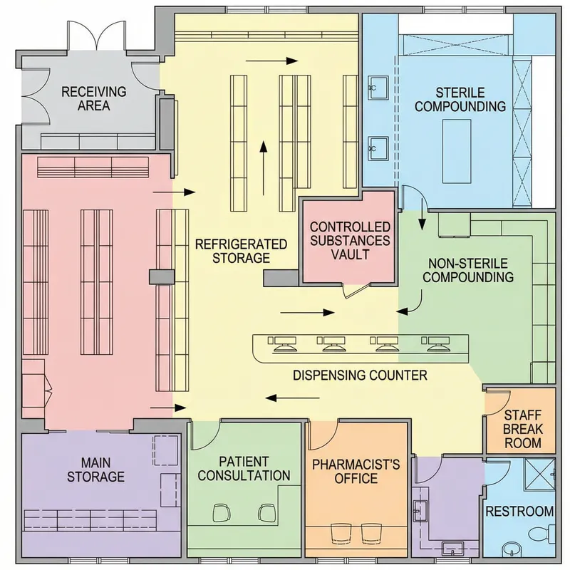 Hospital Pharmacy Floor Plan with Names in English
