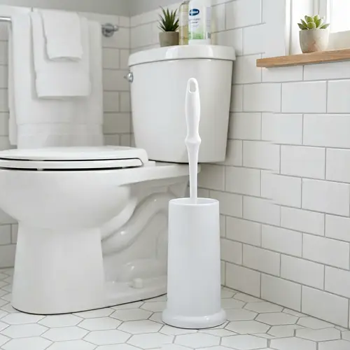 White Plastic Toilet Bowl Brush & Holder Set