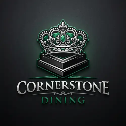 Cornerstone Dining Logo with Black, Green, and Silver Crowns