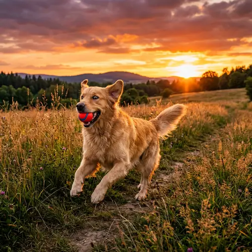 Vibrant Sunset Dog Playing Fetch in Meadow