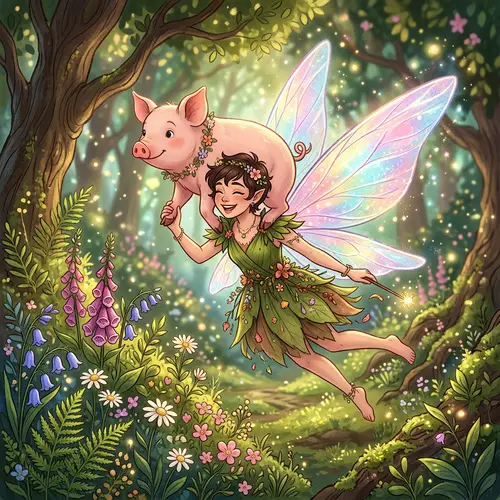 Whimsical Pig and Garden Fairy in Playful Harmony