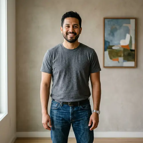 Joyful Hispanic Man in Casual Attire Standing Against Neutral Background