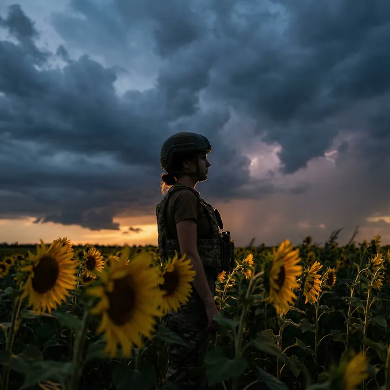 Cinematic Silhouette of a Female Medic in Sunflowers