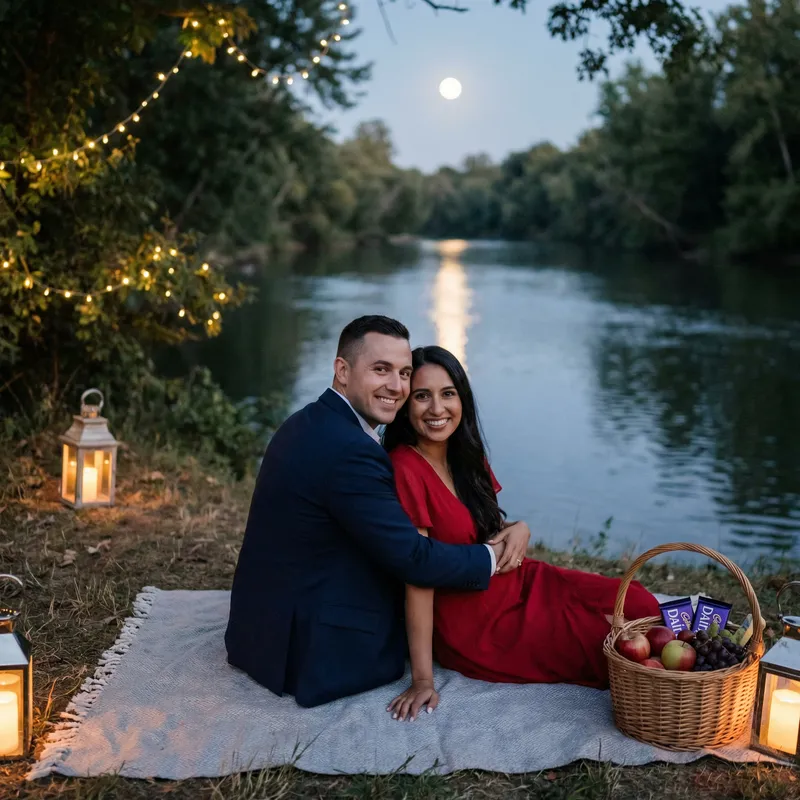 Romantic Moonlit Couple by the River