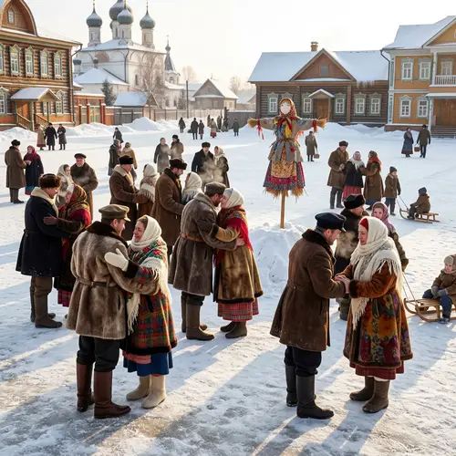 Forgiveness Scene on Snowy Plaza: Men in Fur Coats and Breeches, Women in Fur Coats and White Scarves