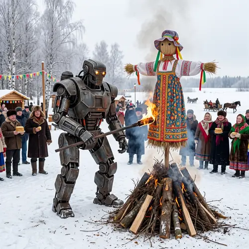 Robotic Terminator burns scarecrow in Russian folk attire at Maslenitsa