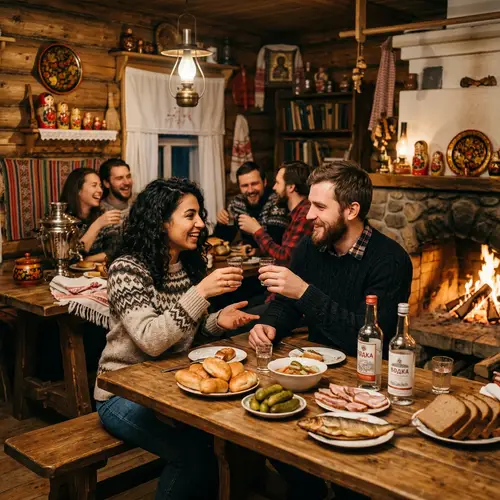 Traditional Russian 'Prostavlyatsya' Gathering in Cozy Wooden House
