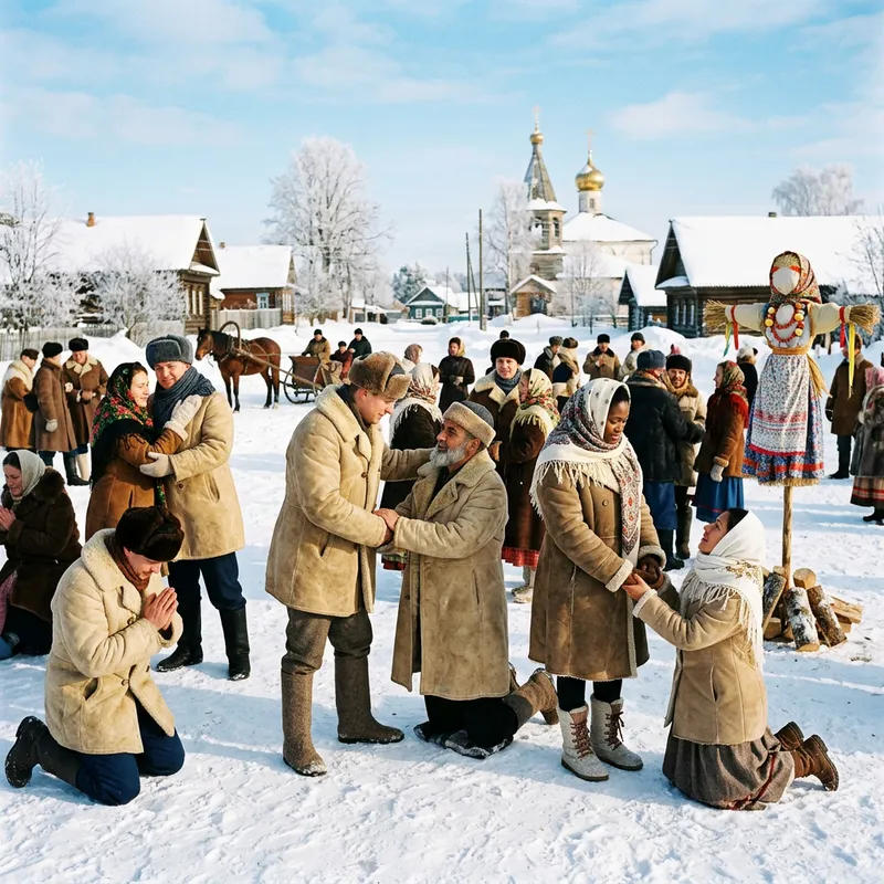 Forgiveness Scene on Snowy Square - Multicultural Gathering Under Sunlight