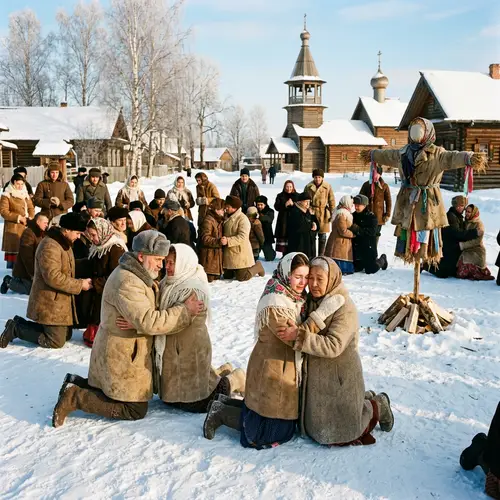 Forgiveness Gathering on Snowy Square | Diverse Scene in Traditional Attire