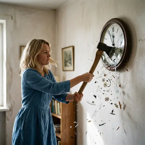Blonde Woman Breaking Clock - Symbolizing Destruction of Time