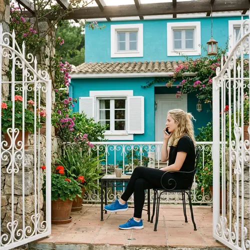 Turquoise Two-Story House Terrace with Iron Gates