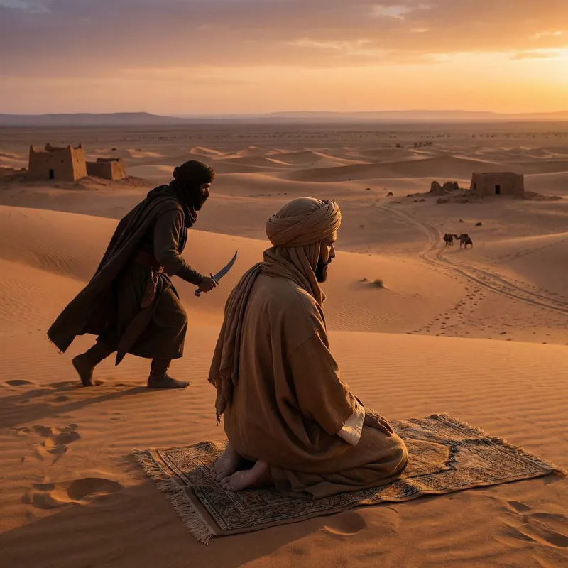 Desert Prayer Ambush: Man Praying Attacked in Abbasid Era