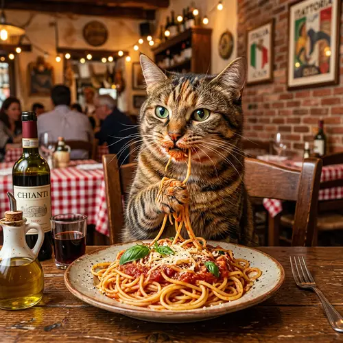 Whimsical Cat Enjoying Spaghetti - Italian-Themed Scene