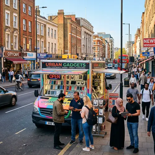 Urban Mobile Shop with Electronic Items in City Street