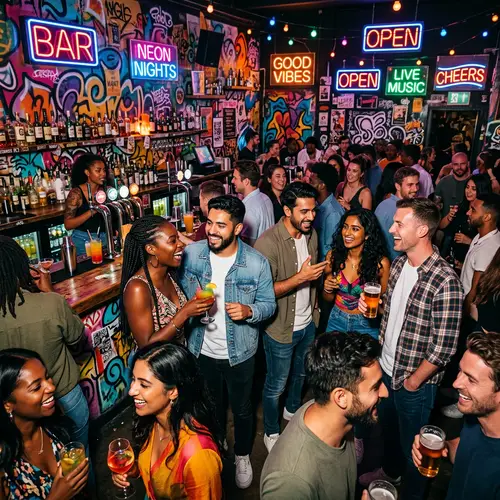 Vibrant Bar Scene: Neon Lights, Diverse Crowd & Colorful Drinks