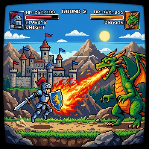 8-Bit Retro Video Game Battle: Knight vs Dragon