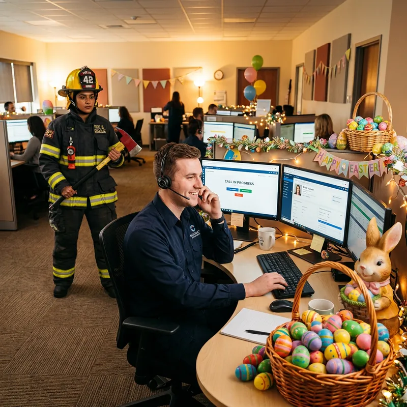 Call Center Operator and Firefighter Easter Celebration