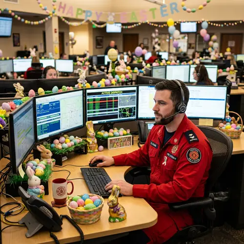 Firefighter at Easter-themed Call Center | Festive & Focused