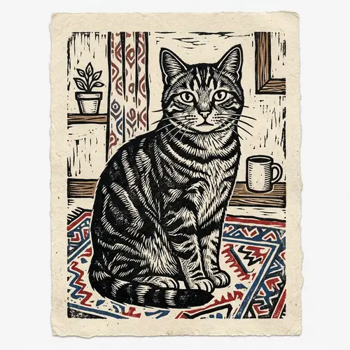 Stylish Striped Cat Lino Cut Art