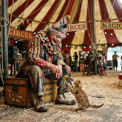 Cat playing with vintage circus clown