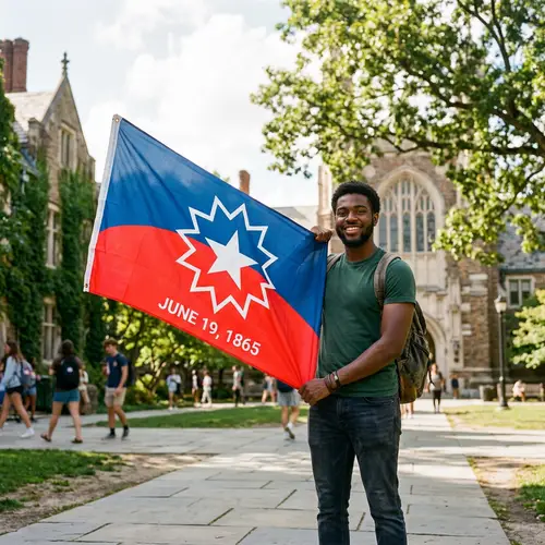 Black Male Student Celebrates Juneteenth Flag