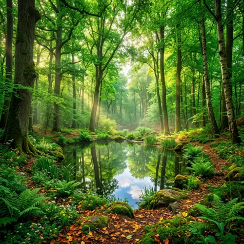 Enchanting Forest Landscape: Lush Trees, Sunlight & Tranquility
