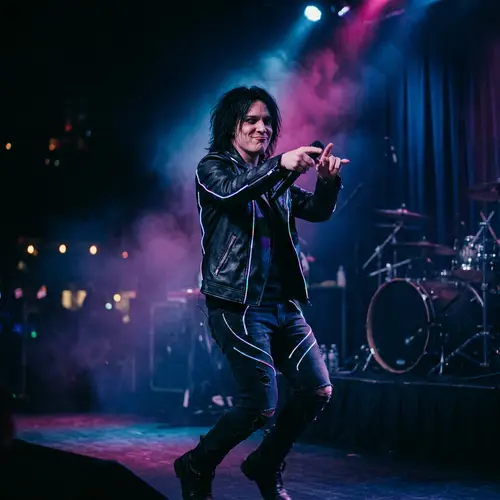 Cool Dark Neon Idol on Stage with Black Hair and Rainbow Accents