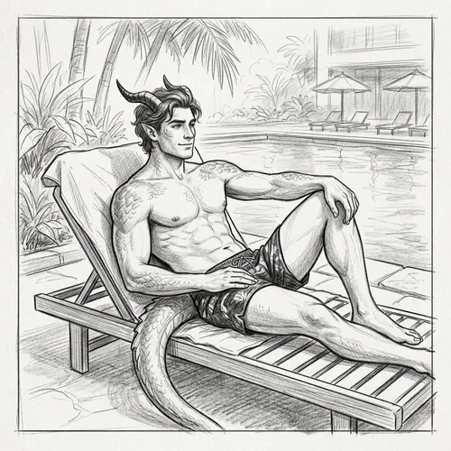 Dragon Demi-Human Poolside - Pencil Drawing Art