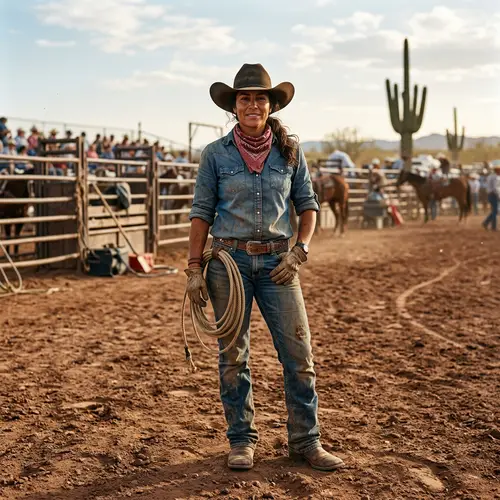 Confident Hispanic Cowgirl in Dusty Rodeo Arena