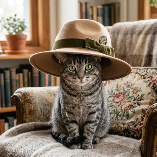 Friendly Feline in Vintage Hat | Whimsical Cat Portrait